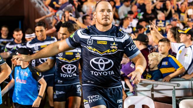 North Queensland Cowboys player Matthew Scott enters the playing field at BB Print Stadium in 2019.