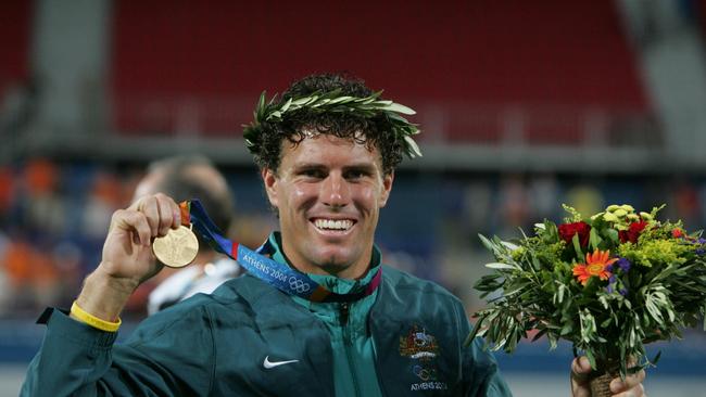 Brent Livermore celebrates his gold medal after the Kookaburra's win over Netherlands in the mens hockey gold medal game at the 2004 Athens Olympic Games.