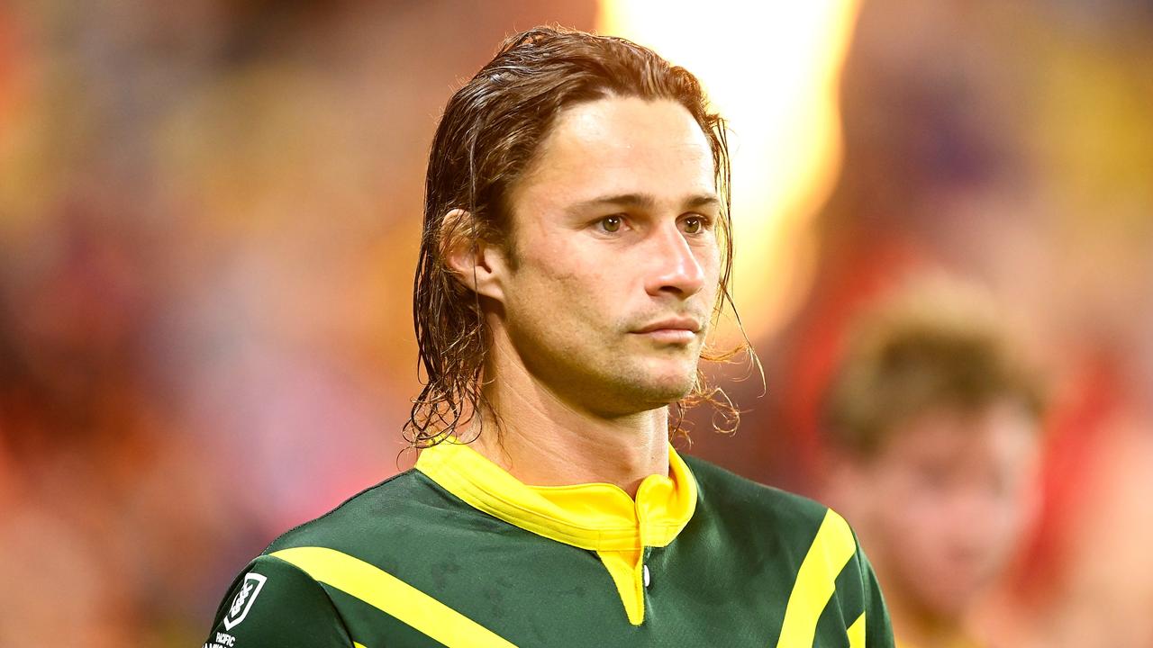TOWNSVILLE, AUSTRALIA - OCTOBER 14: Nicho Hynes of the Kangaroos looks on during the Mens Pacific Championship match between Australia Kangaroos and Samoa at Queensland Country Bank Stadium on October 14, 2023 in Townsville, Australia. (Photo by Ian Hitchcock/Getty Images)