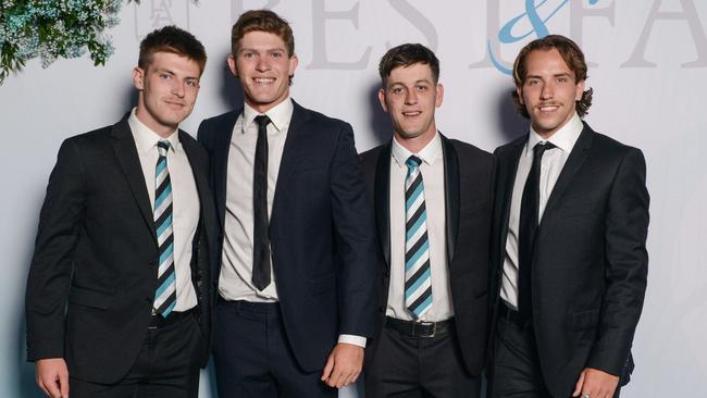 Francis Evans (right) with new teammates Dylan Williams, Mitch Georgiades, Zak Butters and Francis Evans. Picture: Brenton Edwards