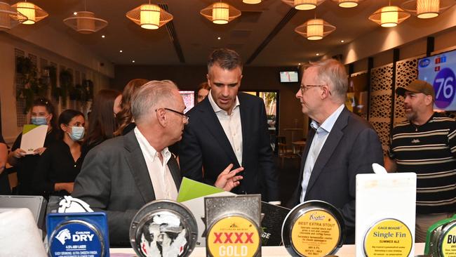 Farrell with close ally Peter Malinauskas and future Prime Minister Anthony Albanese at the Village Tavern in March, during the campaign for this year’s federal election. Picture: Keryn Stevens