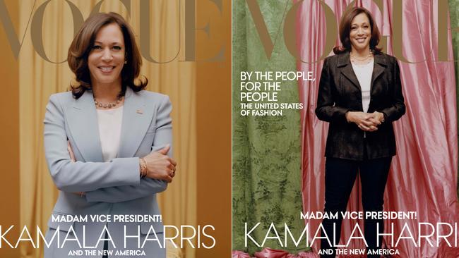 (COMBO) This combination of pictures created on January 12, 2021 shows two handout photo obtained on January 12, 2021 courtesy of Vogue, of US Vice President-elect Kamala Harris in a Michael Kors Collection suit on the February 2021 cover of Vogue magazine(L) and against colors inspired by those of her Howard university sorority, Alpha Kappa Alpha, Vice Presidentâelect Kamala Harris(R) as she wears a Donald Deal jacket and Converse sneakers on the February 2021 cover of Vogue magazine. - A Vogue cover photo of Vice-President-elect Kamala Harris dressed casually has sparked controversy with critics saying it diminishes her achievements, forcing editor Anna Wintour to defend the image on January 12, 2021. Criticism of the cover has spread on social media since it was released on January 10, 2021, with users insisting the portrait of Harris wearing sneakers is disrespectful to the first Black woman to be elected vice president.  A Vogue cover photo of Vice-President-elect Kamala Harris dressed casually has sparked controversy with critics saying it diminishes her achievements, forcing editor Anna Wintour to defend the image on January 12, 2021. Criticism of the cover has spread on social media since it was released on January 10, 2021, with users insisting the portrait of Harris wearing sneakers is disrespectful to the first Black woman to be elected vice president. (Photos by Tyler MITCHELL / Vogue / AFP) / RESTRICTED TO EDITORIAL USE - MANDATORY CREDIT "AFP PHOTO /VOGUE/TYLER MITCHELL/VOGUE.COM/AMERICANVOGUE.COM/HANDOUT - NO MARKETING NO ADVERTISING CAMPAIGNS - DISTRIBUTED AS A SERVICE TO CLIENTS --- NO ARCHIVE ---  RESTRICTED TO EDITORIAL USE - MANDATORY CREDIT "AFP PHOTO /VOGUE/TYLER MITCHELL/VOGUE.COM/AMERICANVOGUE.COM/HANDOUT - NO MARKETING NO ADVERTISING CAMPAIGNS - DISTRIBUTED AS A SERVICE TO CLIENTS --- NO ARCHIVE --- / TO GO WITH AFP STORY -"Vogue's Wintour defends controversial Kamala Harris cover" - TO GO WITH AFP STORY -"Vogue's Wintour defends controversi