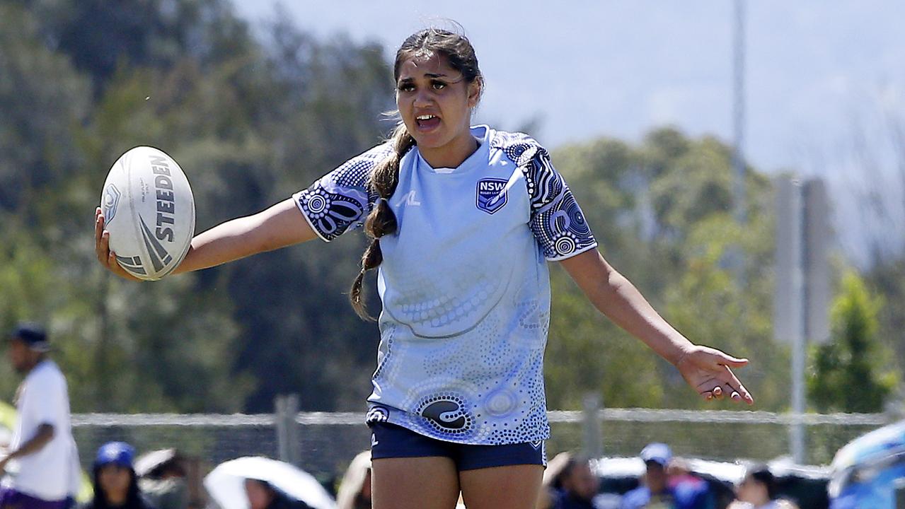 Action from Under 16 Girls NSW Indigenous v Samoa Blue. Harmony Nines Rugby League. Picture: John Appleyard