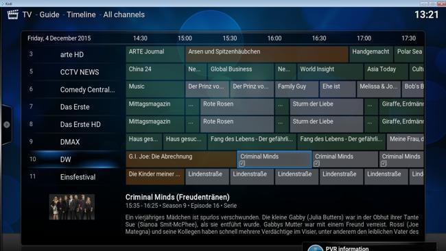 DVBLogic program guide on Kodi