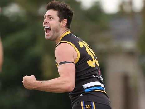 Will Young celebrates a goal for Caroline Springs in the WRFL. Picture: Local Legends Photography