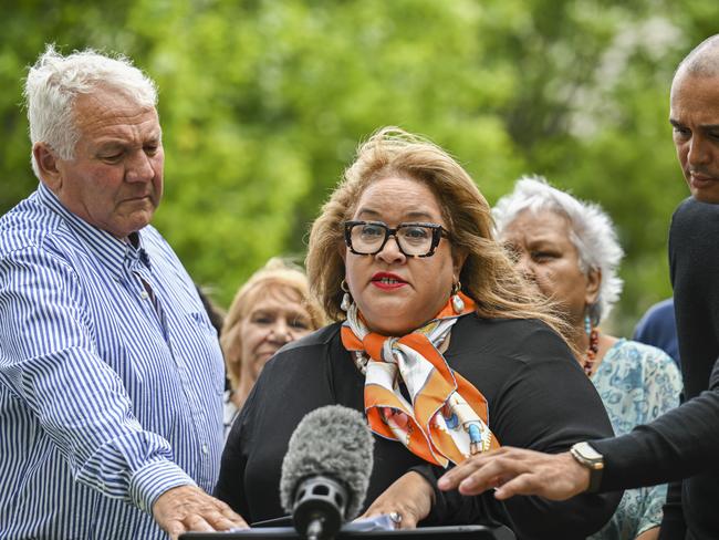 CANBERRA, AUSTRALIA - FEBRUARY 2: Professor Megan Davis of The Government Referendum Working Group addresses the media after meeting with the Prime Minister Anthony Albanese and Opposition Leader Peter Dutton at Parliament house in Canberra. Picture: NCA NewsWire / Martin Ollman