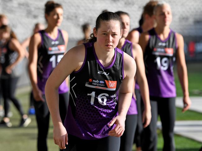 Jessica Allen from South Australia attends the AFL and AFLW Draft combines at Etihad stadium in Melbourne, Wednesday, October 4, 2017. The Draft puts players through physical and skills tests to asses their potential signing with clubs for the 2018 season. (AAP Image/Joe Castro) NO ARCHIVING