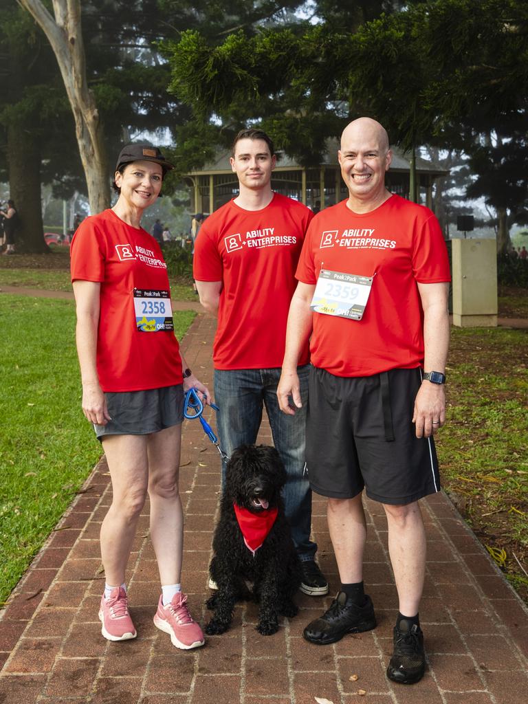 Representing Ability Enterprises are (from left) Tracey Scanlan, Michael Gregory and Adam Scanlan with Jett the dog at Peak2Park 2022, Sunday, April 3, 2022. Picture: Kevin Farmer