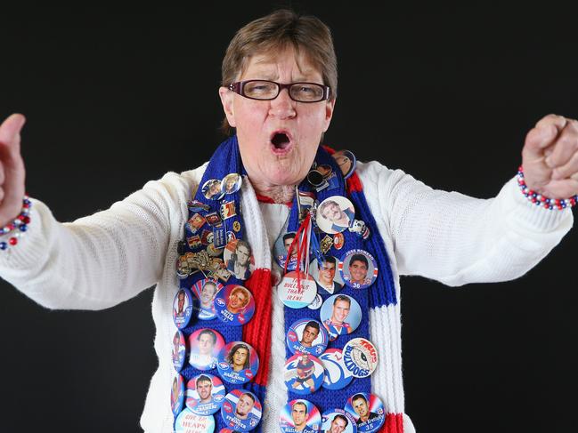 MELBOURNE, AUSTRALIA - SEPTEMBER 26: Famous Bulldogs supporter Irene Chatfield, credited for helping save the club from folding, poses during a Western Bulldogs AFL media opportunity at Whitten Oval on September 26, 2016 in Melbourne, Australia.  (Photo by Michael Dodge/Getty Images)