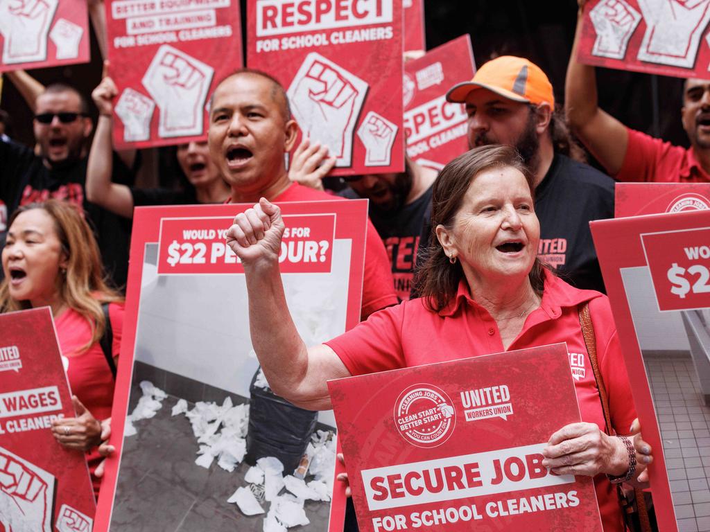 School cleaners from the United Workers Union protest outside then-Premier Dominic Perrottet’s office in 2023. Picture: NCA NewsWire / David Swift