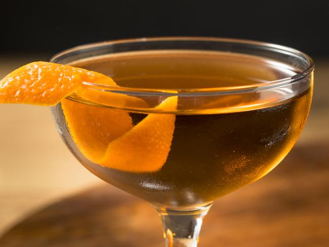 Hanky-Panky cocktail with gin and an orange garnish.