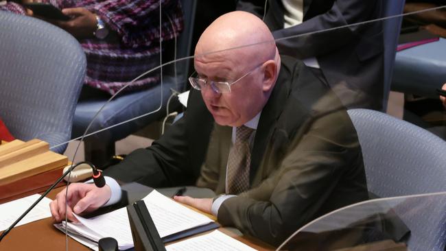 The Russian ambassador to the UN, Vasily Nebenzya, speaks to the Security Council after Ukrainian President Volodymyr Zelensky addressed the council. Picture: Getty Images