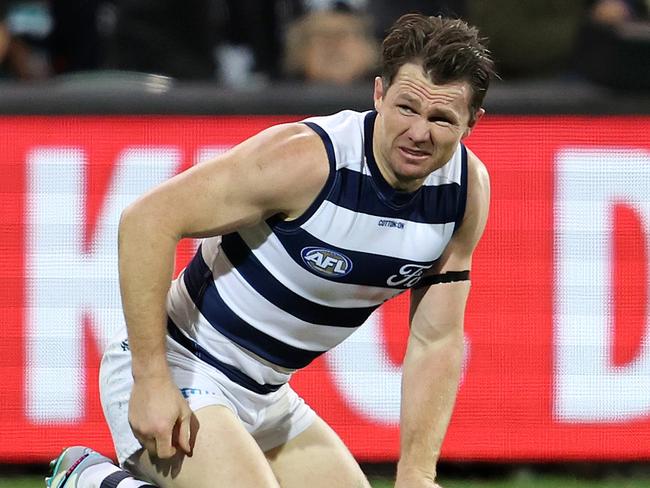 ADELAIDE, AUSTRALIA - JUNE 15: Patrick Dangerfield of the Cats reacts after a clash of bodies with Dan Houston of the Power during the 2023 AFL Round 14 match between the Port Adelaide Power and the Geelong Cats at Adelaide Oval on June 15, 2023 in Adelaide, Australia. (Photo by Sarah Reed/AFL Photos via Getty Images)