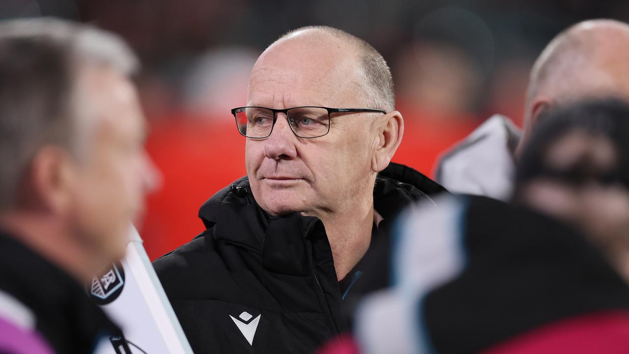 ADELAIDE, AUSTRALIA - AUG 03: Ken Hinkley, Senior Coach of the Power during the 2024 AFL Round 21 match between the Port Adelaide Power and the Sydney Swans at Adelaide Oval on August 03, 2024 in Adelaide, Australia. (Photo by James Elsby/AFL Photos via Getty Images)