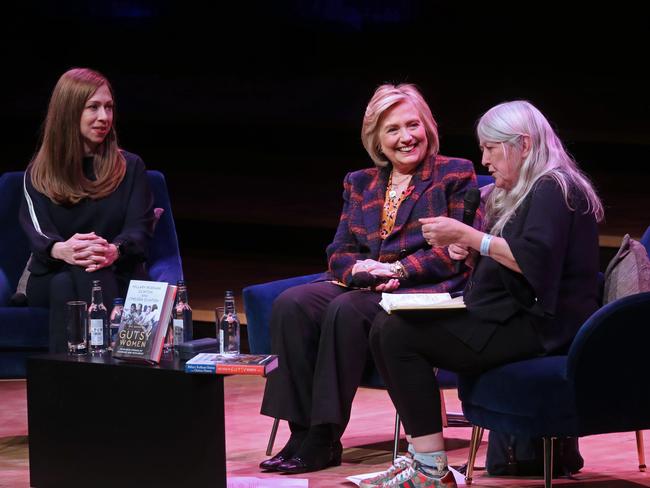 Hillary Rodham Clinton (C) and Chelsea Clinton (L) discuss The Book of Gutsy Women with British historian Mary Beard in London. Picture: AFP