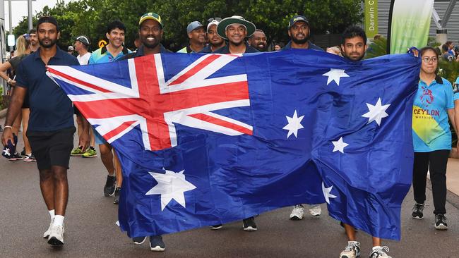 Runners and walkers taking part in the Australia Day Fun Run at the Darwin Waterfront. Picture: Katrina Bridgeford