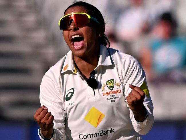 Australia's Alana King celebrates dismissing England's Nat Sciver-Brunt on the third day of the Women's Ashes cricket Test match between Australia and England at the Melbourne Cricket Ground (MCG) in Melbourne on February 1, 2025. (Photo by William WEST / AFP) / --IMAGE RESTRICTED TO EDITORIAL USE - STRICTLY NO COMMERCIAL USE--