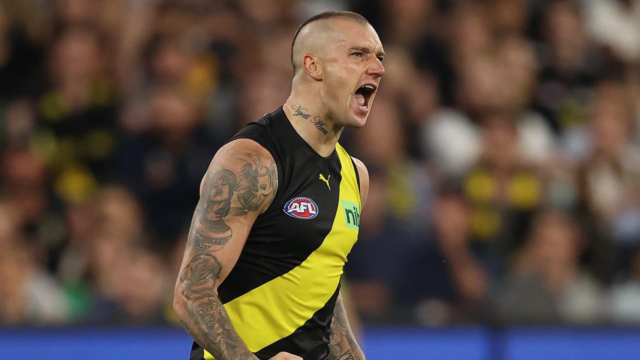 MELBOURNE, AUSTRALIA - MARCH 17: Dustin Martin of the Tigers celebrates after scoring a goal during the round one AFL match between the Richmond Tigers and the Carlton Blues at Melbourne Cricket Ground on March 17, 2022 in Melbourne, Australia. (Photo by Robert Cianflone/Getty Images)