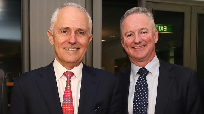 Then PM Malcolm Turnbull and Nine’s Hugh Marks attend an event celebrating 60 years of commercial free-to-air television at Parliament House. Picture: Kym Smith