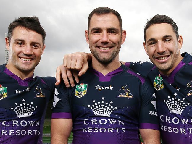 Melbourne Storm's Big 3. Captain Cameron Smith with Cooper Cronk and Billy Slater. Pic: Michael Klein