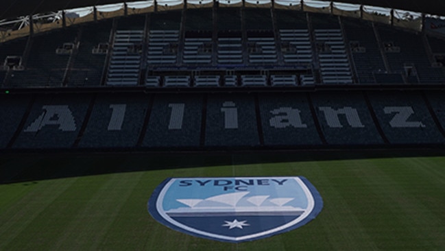 The new Sydney FC logo displayed on the field at Allianz Stadium.