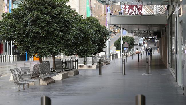 An empty Bourke St Mall as Melburnians stay home under lockdown orders. Picture: David Crosling