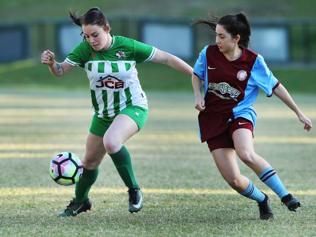 Coomera defender Savannah Tuson (right) in action against Southport’s Narissa Campbell. Picture: Glenn Hampson