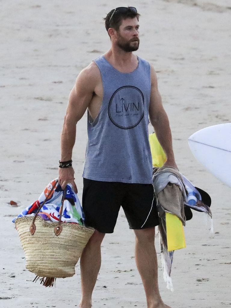 Chris Hemsworth and wife, Elsa Pataky, enjoy an afternoon at the beach in Byron Bay with their twin sons, Tristan and Sasha. <br/>3 March 2017. Picture: Media-Mode