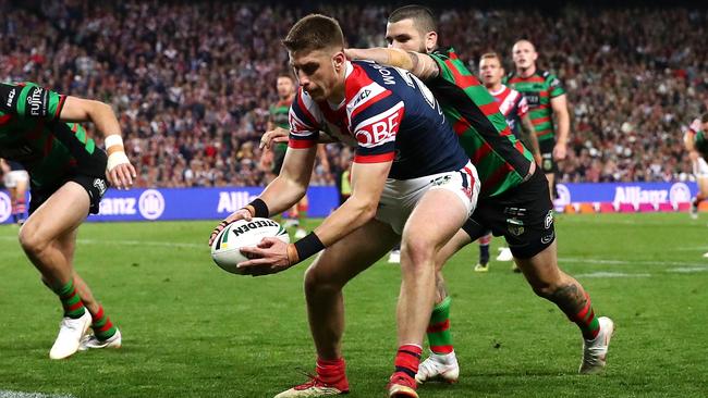 SYDNEY, AUSTRALIA - SEPTEMBER 22: Paul Momirovski of the Roosters scores a try during the NRL Preliminary Final match between the Sydney Roosters and the South Sydney Rabbitohs at Allianz Stadium on September 22, 2018 in Sydney, Australia. (Photo by Cameron Spencer/Getty Images)