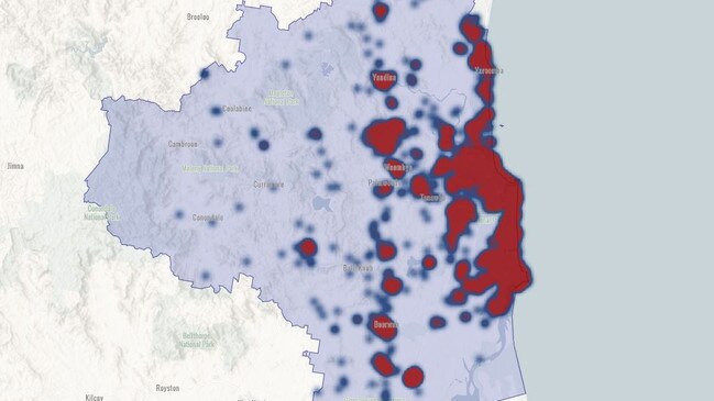 Heat map of theft, unlawful entry and robbery crimes on the Sunshine Coast in 2023. Picture: Queensland Police Service