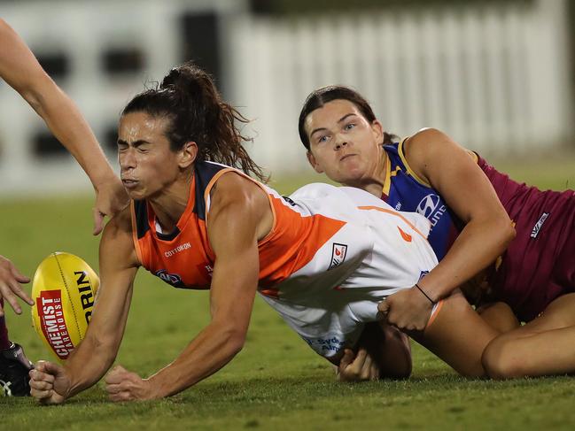 Giant’s Amanda Farrugia is tackled during an AFLW match between the GWS Giants and Brisbane Lions at Blacktown. Picture: Phil Hillyard