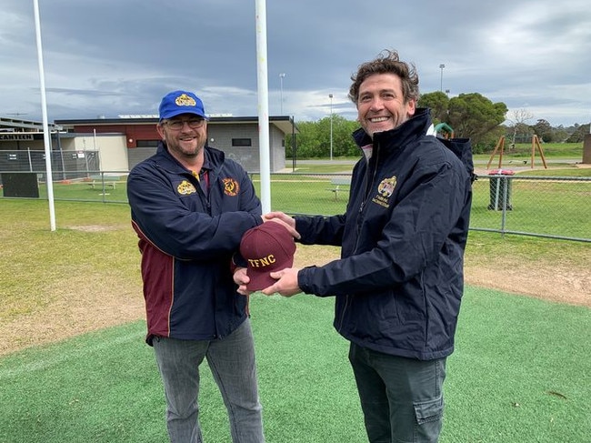 New Tyabb coach Anthony Agius (right) shakes on it with Yabbies official Warren Davies. Picture: Facebook