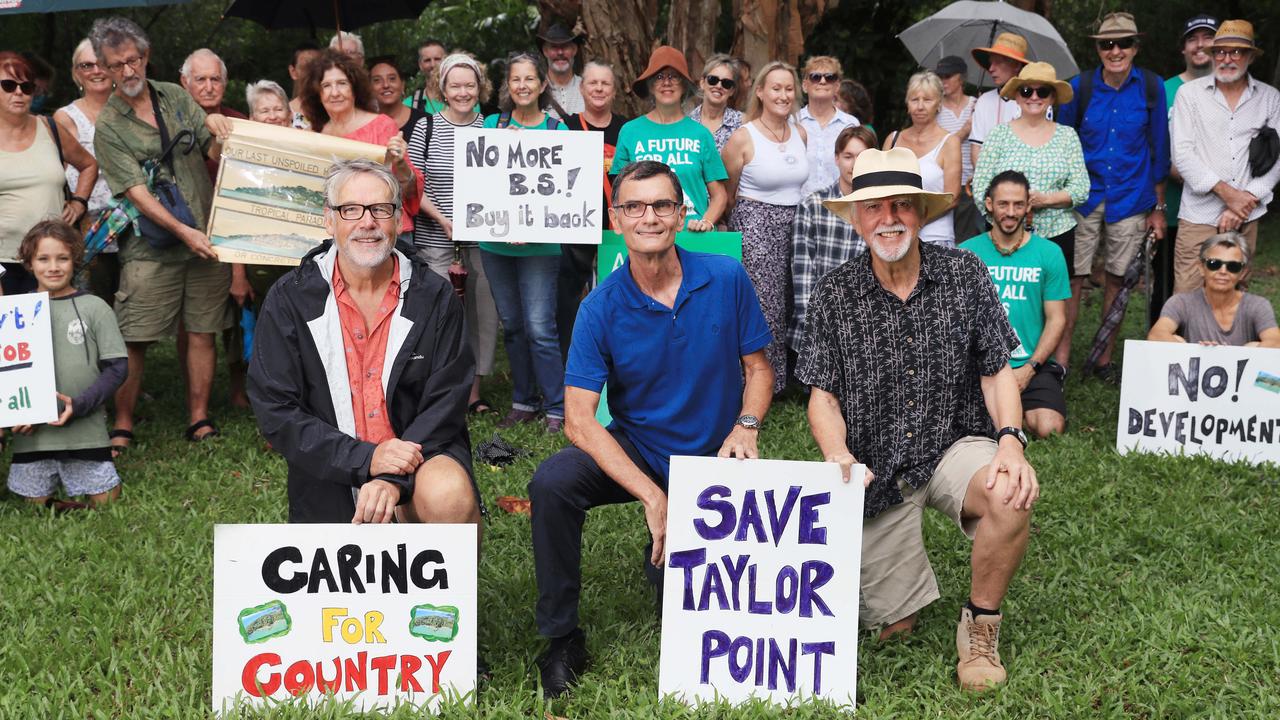 President of Save Our Slopes Mark Buttrose, Greens candidate for Leichhardt Phillip Musumeci and environmental campaigner Denis Walls all spoke at a public rally to stop the development of Taylor Point at the northern end of Trinity Beach in 2022. Picture: Brendan Radke