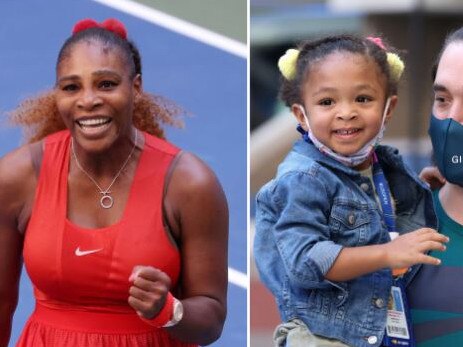 Serena Williams celebrates as her daughter cheers on