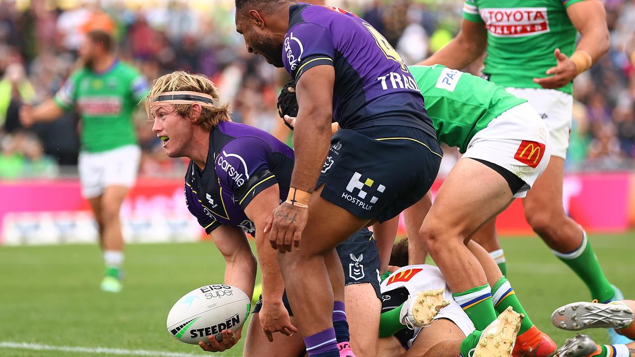 Harry Grant celebrates a try against the Raiders. Picture: Mark Nolan/Getty Images