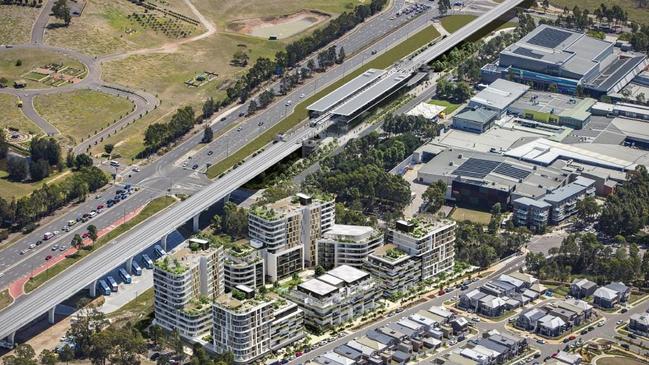 An artist’s impression of the Lendlease Rouse Hill Central precinct where 397 units would be  just metres from the Metro station. Picture: Airphoto Australia