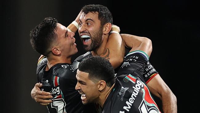 Alex Johnston scored three tries against the Tigers to pass Nathan Merritt’s record for most tries for South Sydney. Picture: Cameron Spencer/Getty Images