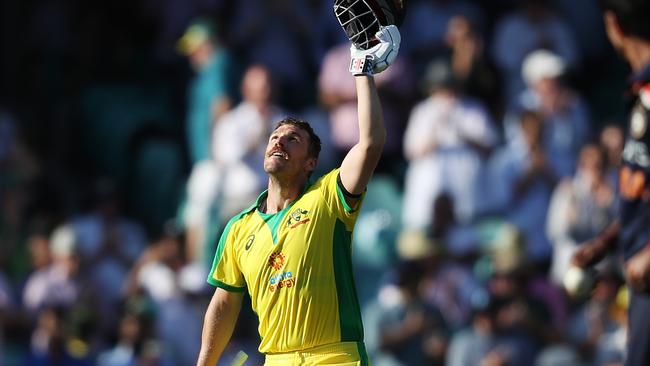 Aaron Finch looks to the heavens after scoring his century. Picture: Brett Costello