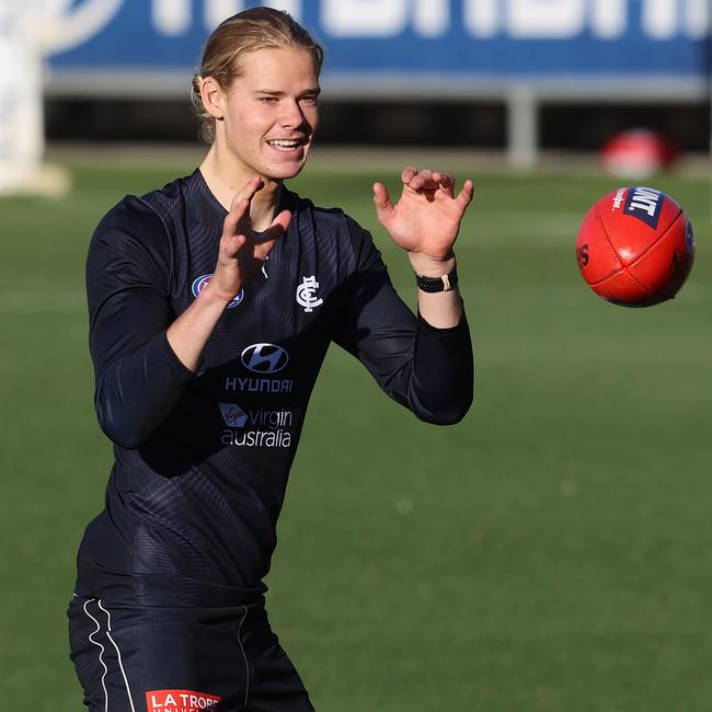 Tom De Koning will ruck solo against Fremantle. Picture: Michael Klein