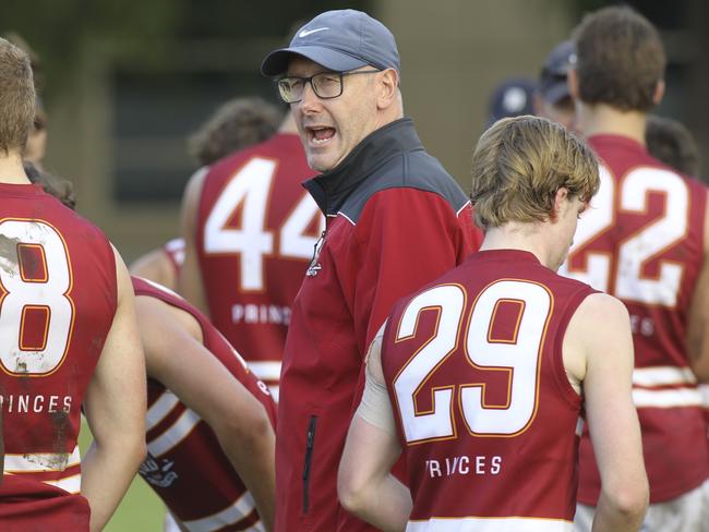 St Peter's versus Prince Alfred college footy Messenger Shield clash at St Peters. PAC coach Martin McKinnon addresses his players at three quarter time. 11 May 2019. (AAP Image/Dean Martin)