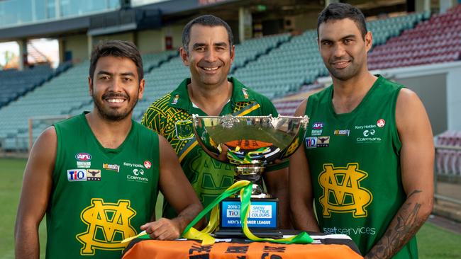 St Mary's captains, Raphael Clarke and Shannon Rioli with coach Anthony Vallejo (centre) before last season’s classic NTFL grand final against Nightcliff. Picture: Che Chorley