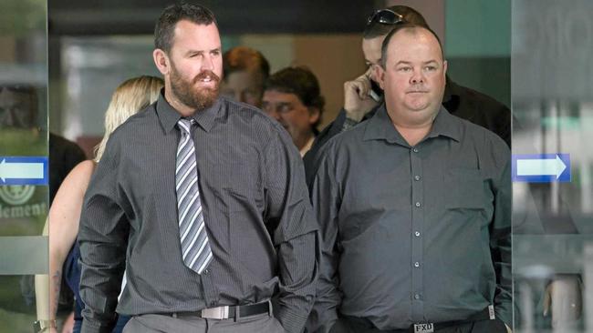 Steven Smith and Scott Conley leave the Brisbane Magistrates Court in Brisbane. Picture: AAP/GLENN HUNT