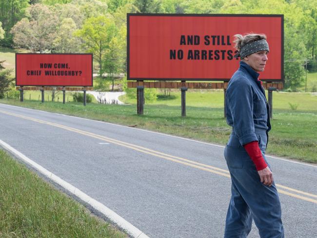 Frances McDormand, Sam Rockwell, Woody Harrelson, Abbie Cornish in scenes from Three Billboards Outside Ebbing, Missouri