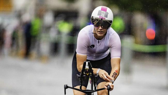 Australian triathlete Chloe Hartnett starts the cycling leg of the Ironman 70.3 Tasmania in Hobart on Sunday 4th February. Picture: Linda Higginson