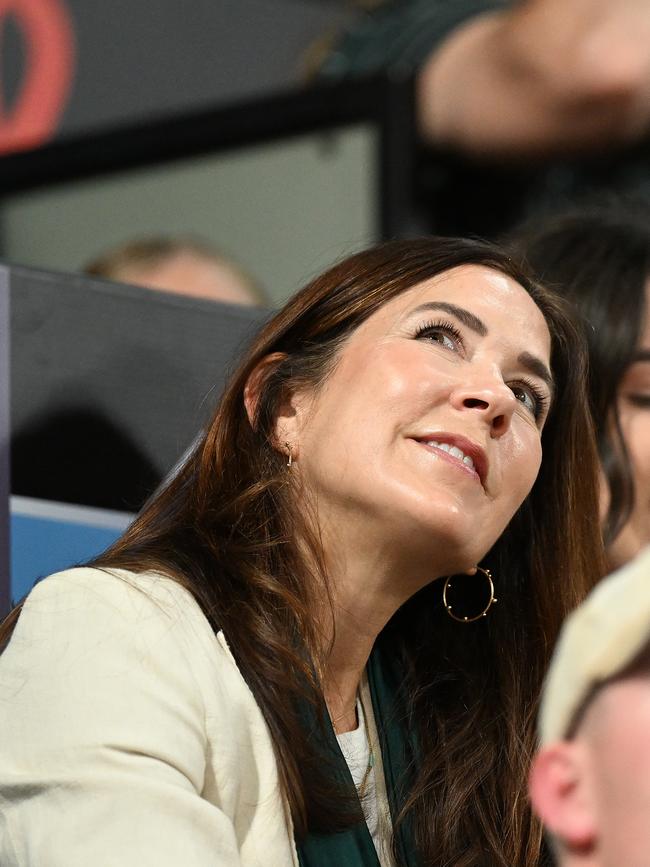 HOBART, AUSTRALIA - DECEMBER 26: Princess Mary of Denmark looks on during the round 12 NBL match between Tasmania Jackjumpers and New Zealand Breakers at MyState Bank Arena, on December 26, 2022, in Hobart, Australia. (Photo by Steve Bell/Getty Images)