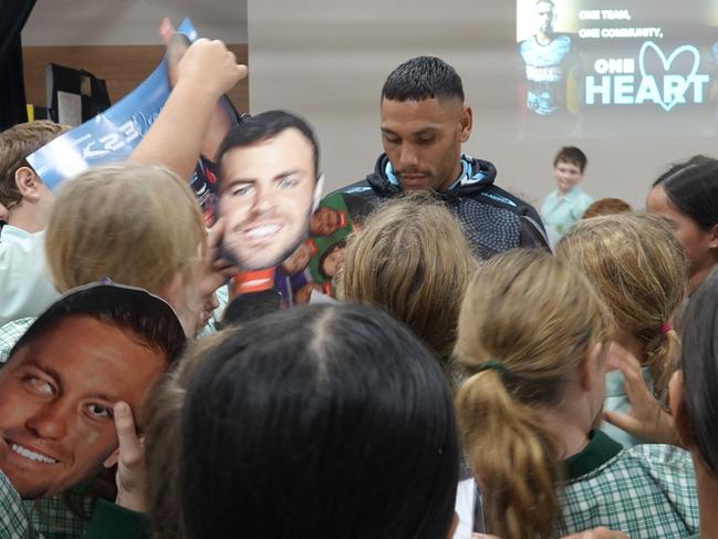 Cronulla Sharks NRL players Jesse Ramien (pictured) and Matt Moylan visit Mary Help of Christians Primary School at Coffs Harbour ahead of Indigenous Round match against Newcastle Knights. Visit was on May 17, 2023. Picture: Chris Knight