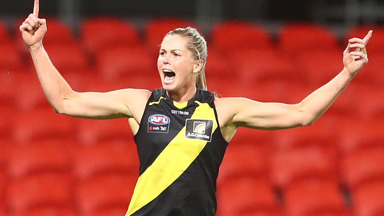 Tigers captain Katie Brennan celebrates on of her three goals in the win over Gold Coast. Picture: Getty Images