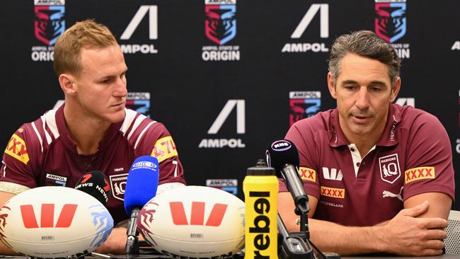 (L-R) Daly Cherry-Evans and Billy Slater front the media after the Origin I defeat.