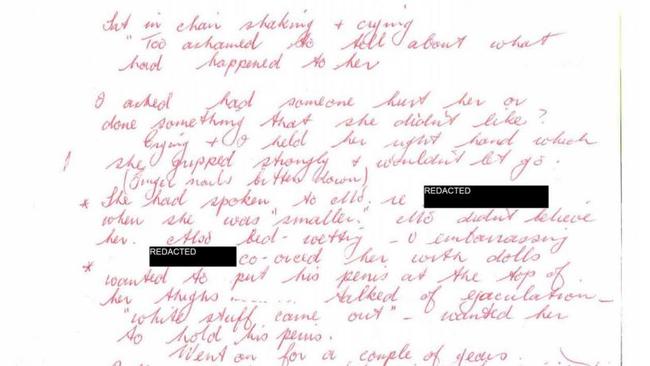 Note by teacher Faye Chandley about Julie Stewart confessing that Searson had sexually molested her during confession.