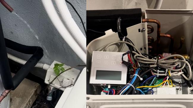 Some of the poor quality heat pump installations uncovered by The Daily Telegraph. On the left – showing hot water leaking onto a power point. On the right – a user control system within live wires. Source: supplied